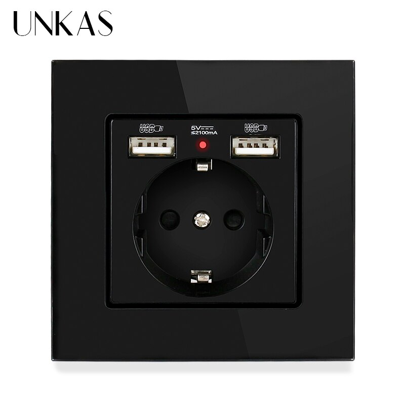 UNKAS Russia Spain EU Standard 16A Wall Socket Dual USB Charge Port Tempered Crystal Glass Panel Black White Grey Outlet