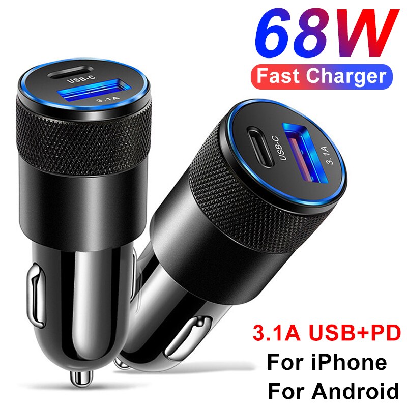 68W USB + PD caricabatteria da auto adattatore per ricarica rapida per iPhone 13 12 11 Pro Max Xiaomi Huawei Samsung S22 caricabatterie per iPhone Android