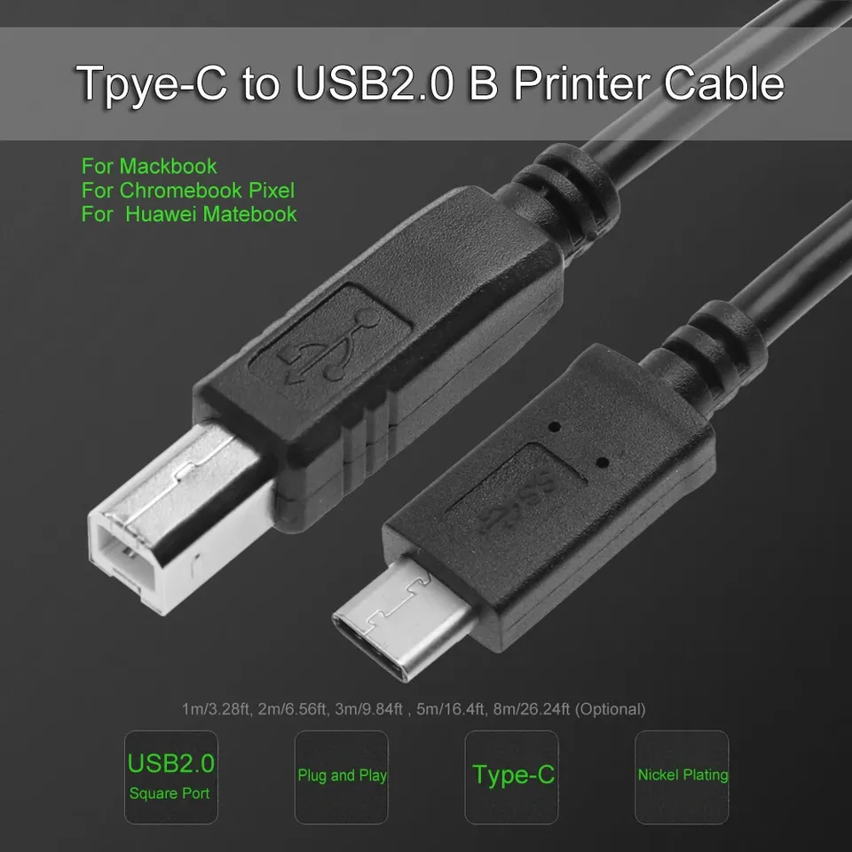 1M 2M 3M 5M USB 2.0 datakabel Type-C naar USB-B printkabel Compatibel met Thunderbolt3 laptop voor printerscanner MIDI-toetsenbord
