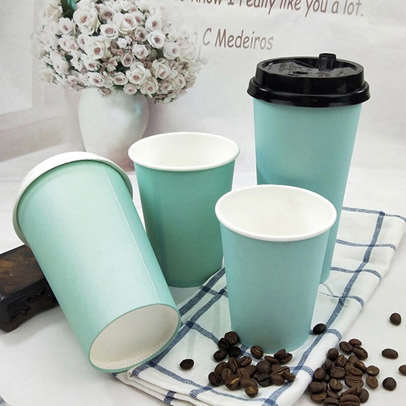 50 Stuks Blauw Dik Papier Cup Wegwerp Koffie Beker Melk Thee Drank Takeaway Verpakking Cups Met Deksels Wegwerp cup