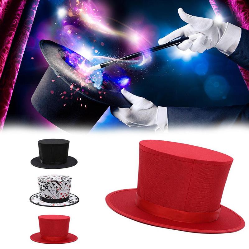 Folding Top Magic Hat Spring Magic Tricks Red Black Playing Card Pattern Appearing Vanishing Hat For Kids Close-up Magic Display