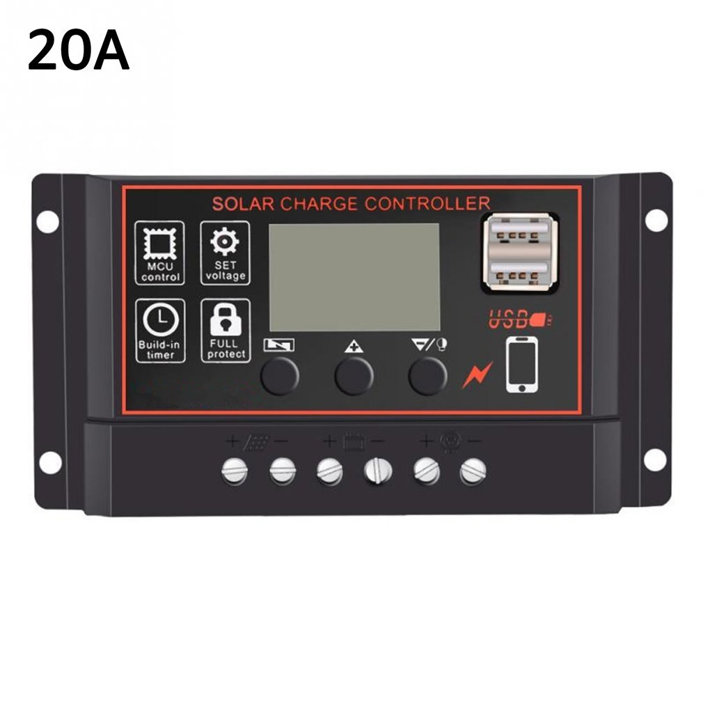 Solar Charge Controller 12V 24V Dual USB Solar Panel Battery Controller Charger Regulator Adjustable Charging Parameters 10A: 20A
