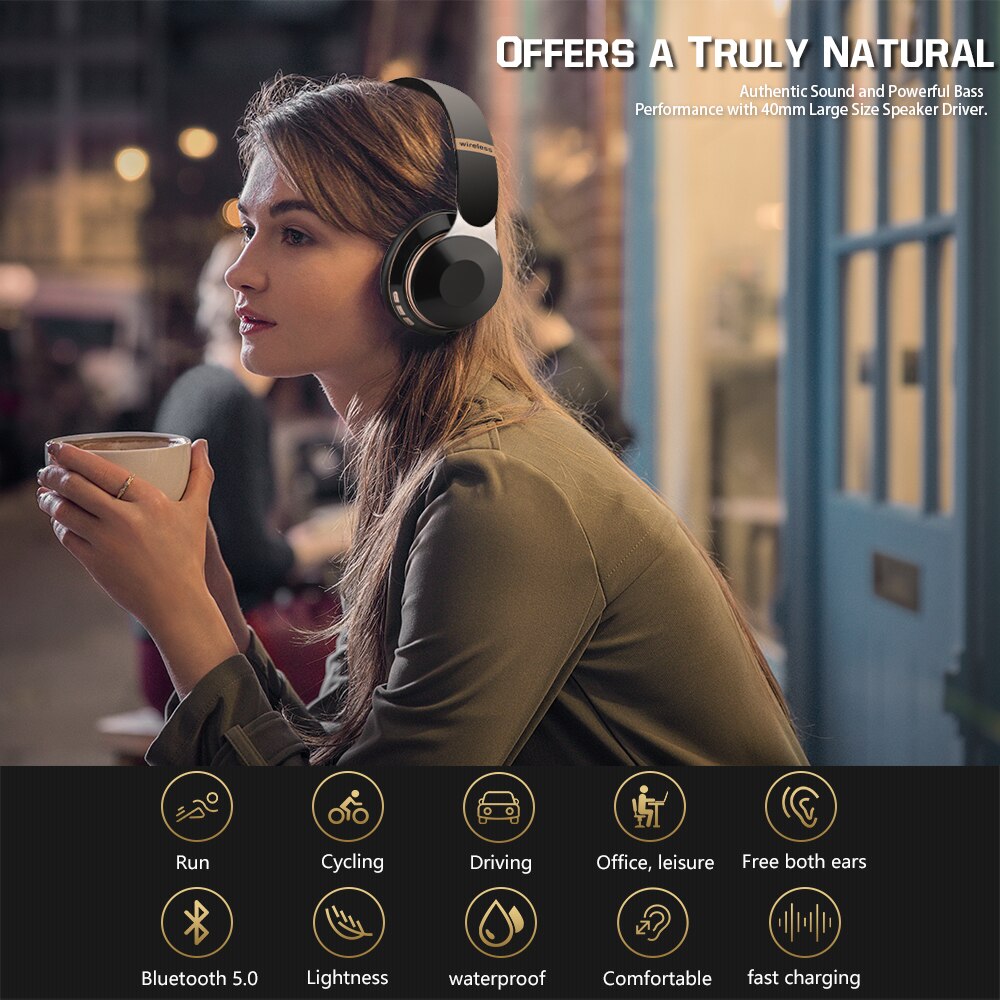 HIKIKO Bluetooth Headphones - Wireless Stereo Bass with Mic, TF Card Support, 40mm Drivers, Active Noise Cancelling