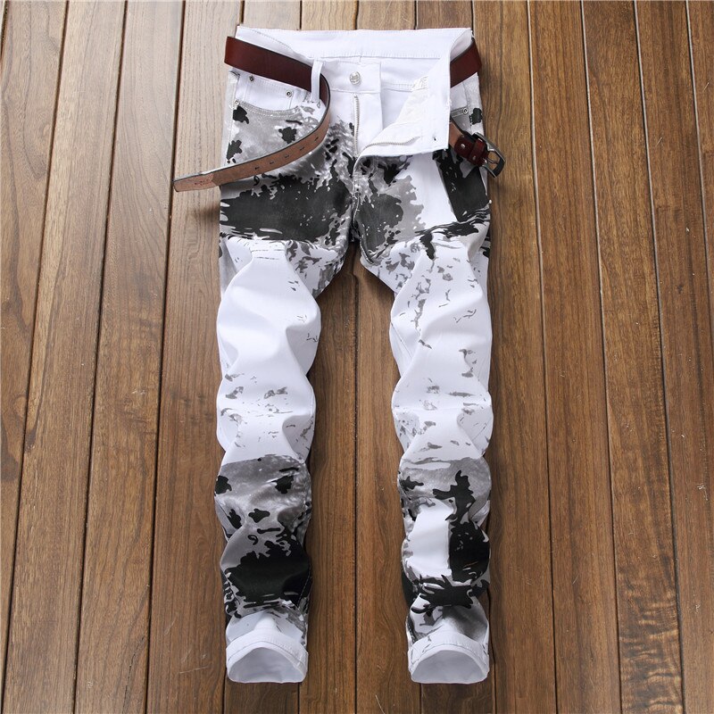 Pantalones vaqueros blancos de leche de ajuste delgado para hombre, Jeans estampados de , Jeans elegantes de urbana, Jeans clásicos informales;