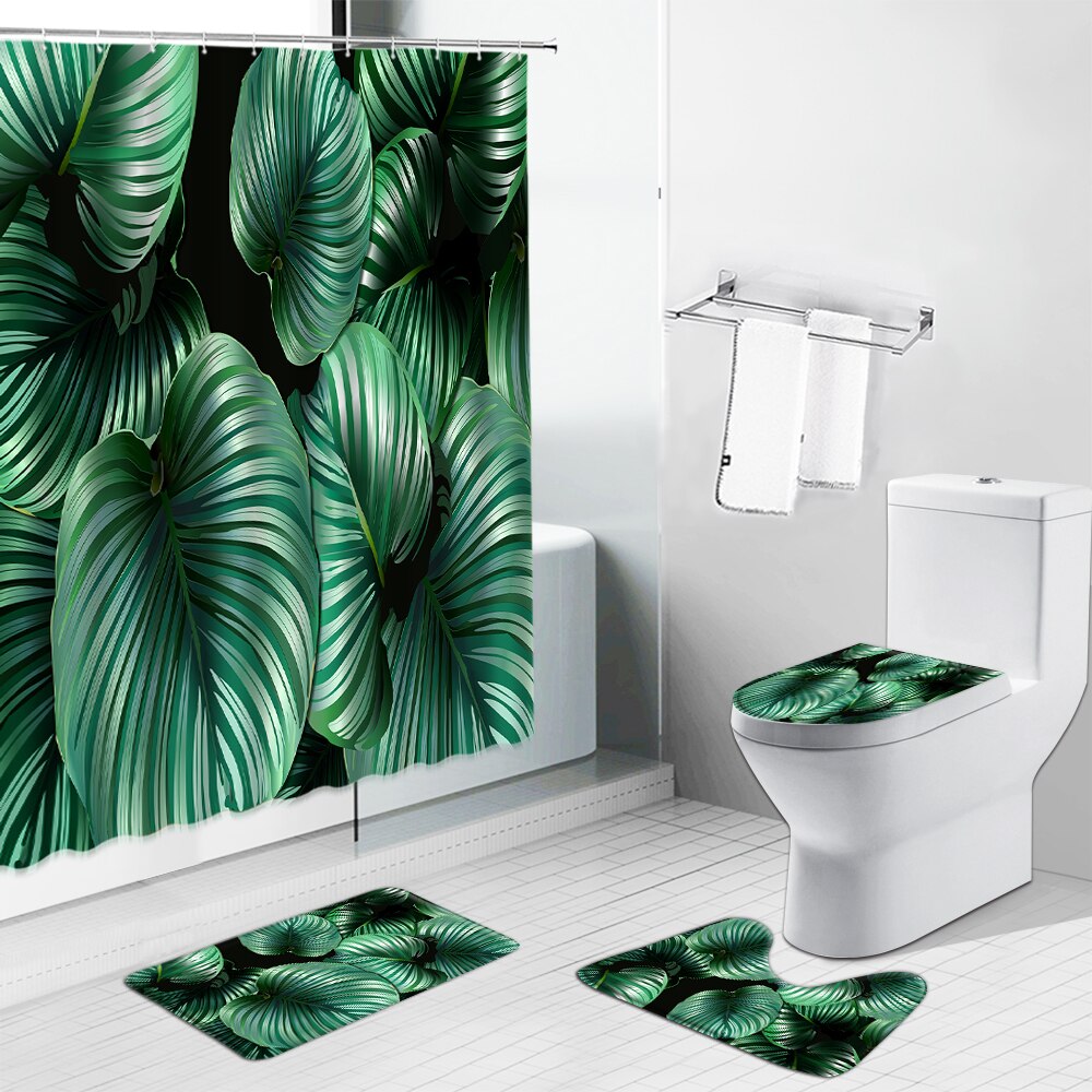 Pianta verde tropicale Monstera tende da doccia tappetino da bagno foglie di fiori scenario tappeto antiscivolo copriwater tappeto Set di decorazioni per il bagno