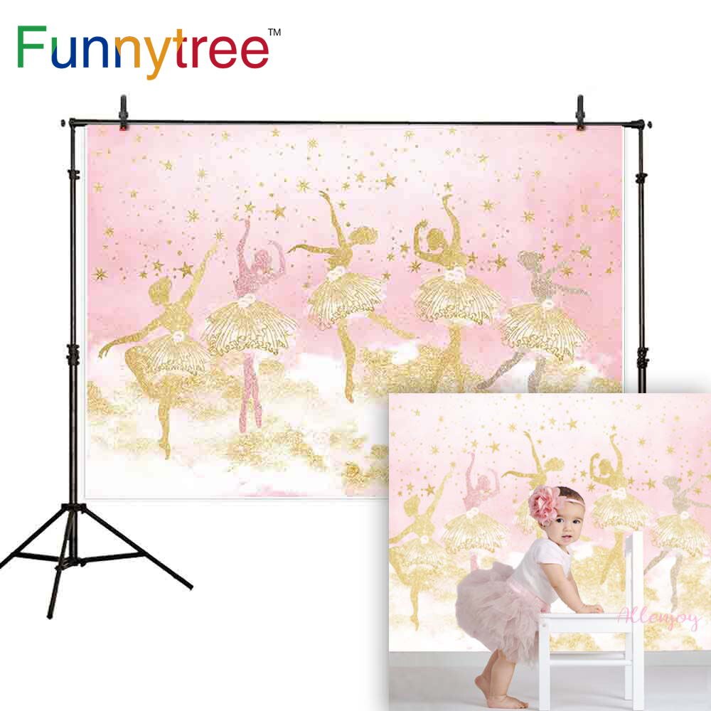 Funnytree Birthday Backdrop for Girls Pink Glitter Princess Golden Ballet Star Background Photo Props Banner Vinyl Decor