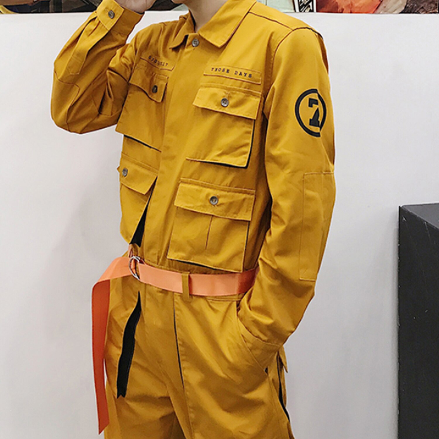 Hip Hop Streetwear Jumpsuit Men Multi Pockets Ribbons Cargo Pants Long Sleeve Rompers Joggers Techwear
