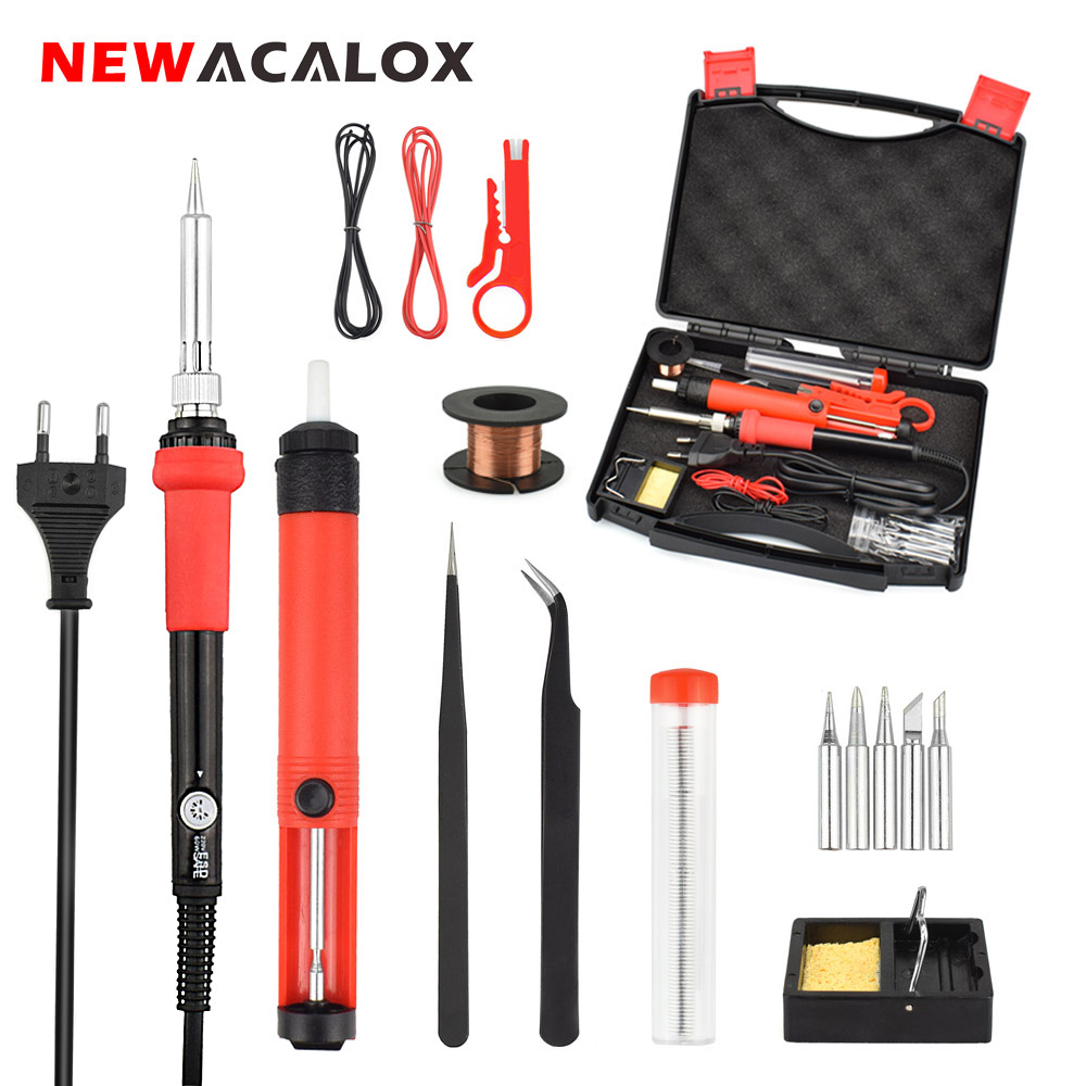 NEWACALOX Adjust Temp EU/US 60W ESD Soldering Iron Kit Welding Tool Set with Multimeter Glue Gun Solder Assist Set Repair Tools: T02R-BOX / EU