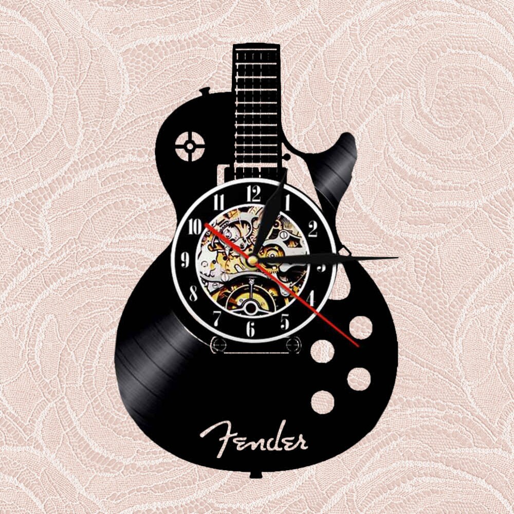 1pc Wall Clock Chic Decorative Wall Clock Vinyl Record Wall Clock Living Room Wall Hanging Clock Guitar Shape Wall Clock: Black 2