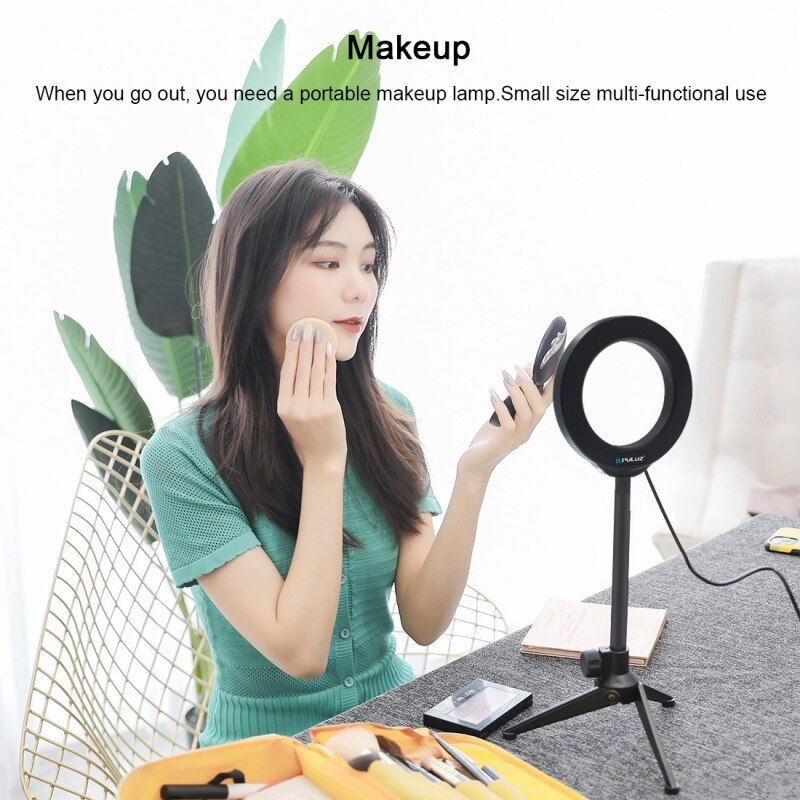 -PULUZ 4.7Inch Ring Light LED Desktop Ring Lamp with Tripod Selfie Stick USB White Light for Makeup Studio Photography