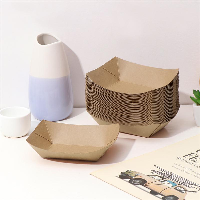 100/50Pcs Disposable Paper Food Serving Tray Kraft Paper Take-Out Boat Shape Snack Open Box French Fries Chicken Storage Tray