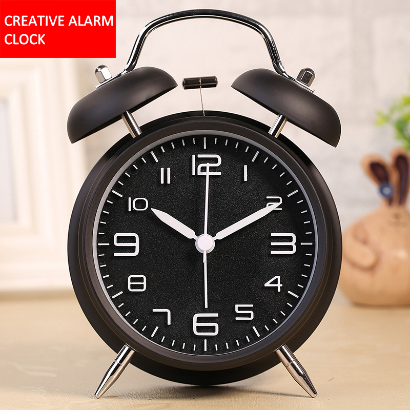 Reloj despertador de doble campana de 4 pulgadas para niños, cronógrafo de Metal con personalidad, , luminoso, para sentarse, decoración del hogar: Black