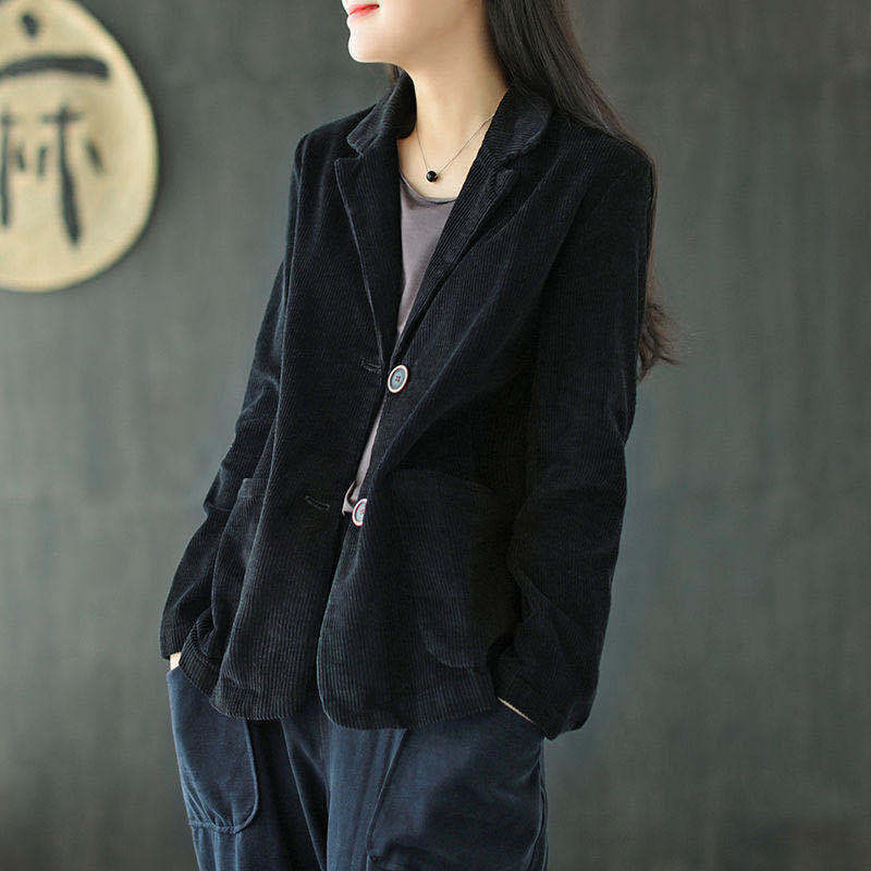 Chaqueta Vintage de pana para mujer, abrigo informal de manga larga, color azul y negro, primavera y otoño,