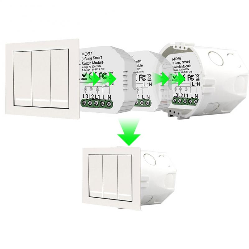 Module de commutateur de lumière intelligente WiFi 3 gangs 1/2 voies Mini Module de commutateur bricolage Tuya/application de vie intelligente fonctionne avec Alexa Google Home