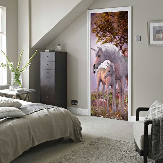 Hvide enhjørning dyr dør klistermærke til stue soveværelse hest vandtæt vinyl indretning mærkat aftageligt selvklæbende tapet: Default Title