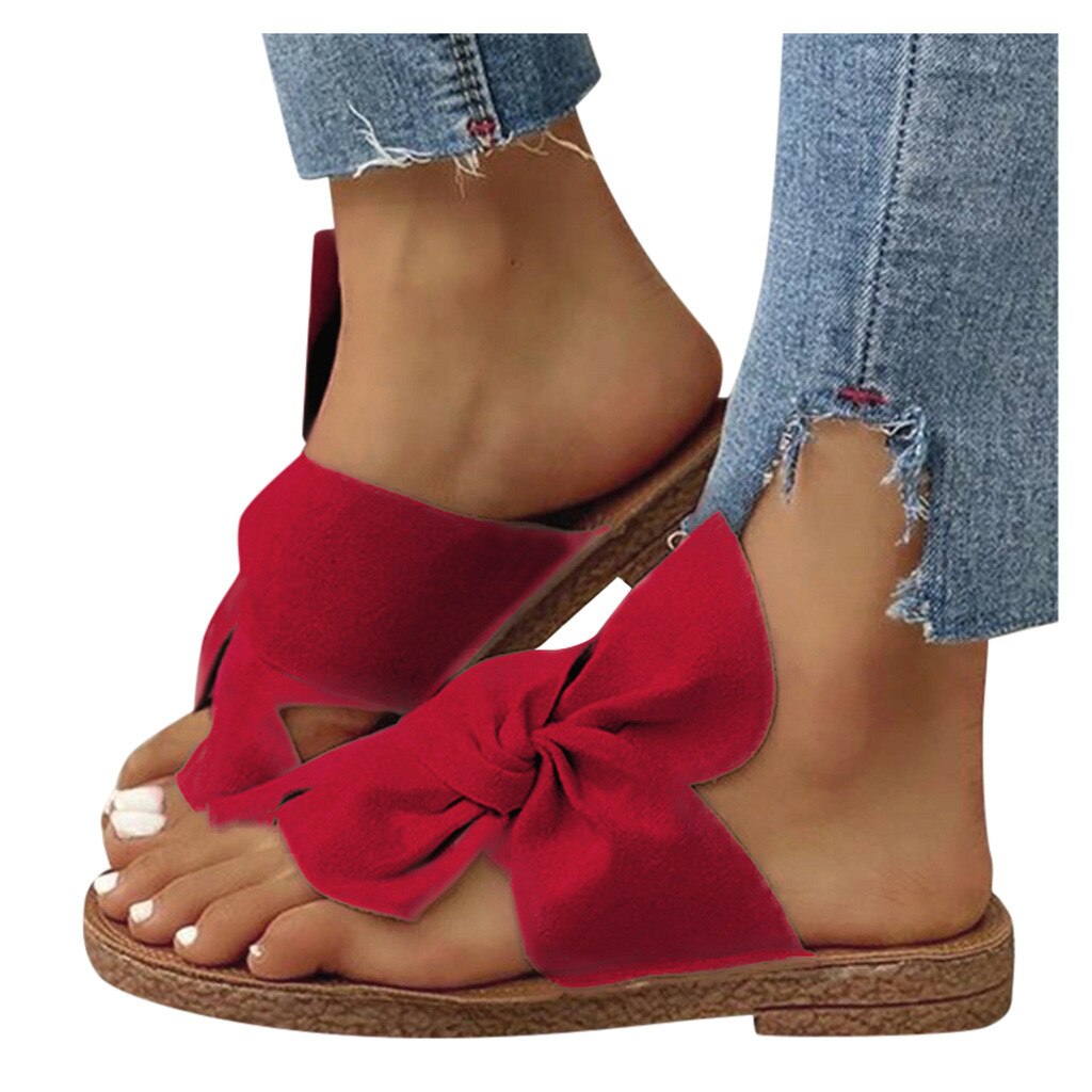 38 # femmes d'été plage sandales mi-talons chaussures à semelles compensées femme Rome noeud papillon Sandalias pantoufles diapositives pantoufles confortables: Red  / 40