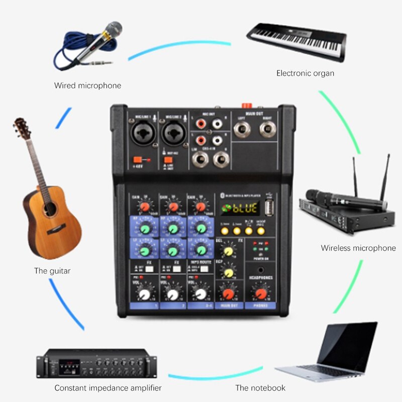 Mélangeur Audio Portable, 4 canaux, Bluetooth, pour Console Dj, pour spectacle à domicile, scène en plein air, église, école
