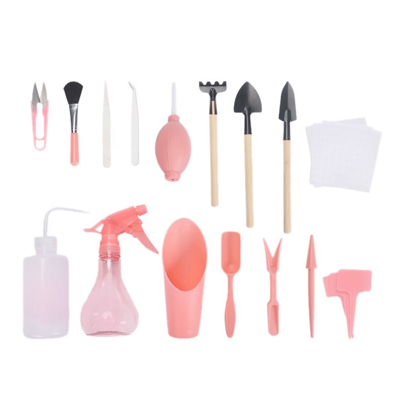 16 Pieces Succulent Plants Tools, Mini Garden Tools Set Transplanting Tool Miniature: pink