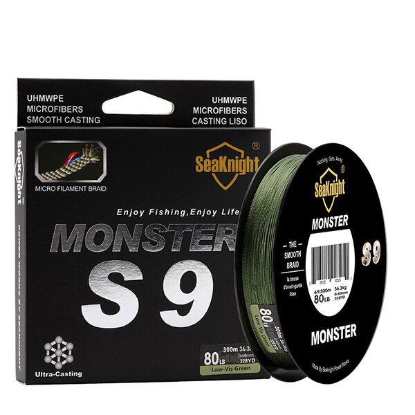 SeaKnight Monster S9 300M Braided Fishing Lines S Spiral Braide Tech. 9 Strands Multifilament PE Green 30LB 40LB 50LB 80LB 100LB: 4.0