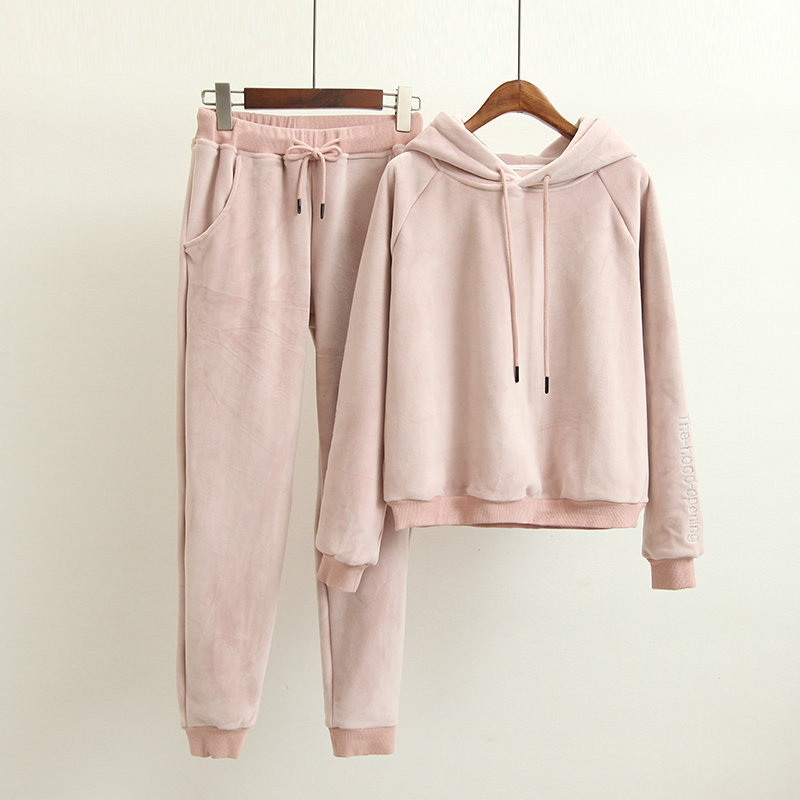 High-end Women Set Velvet Tracksuit for Women Velour 2 Piece Sets Letter Embroidery Hooded Sweatshirt+Pants Suits: Pink / S