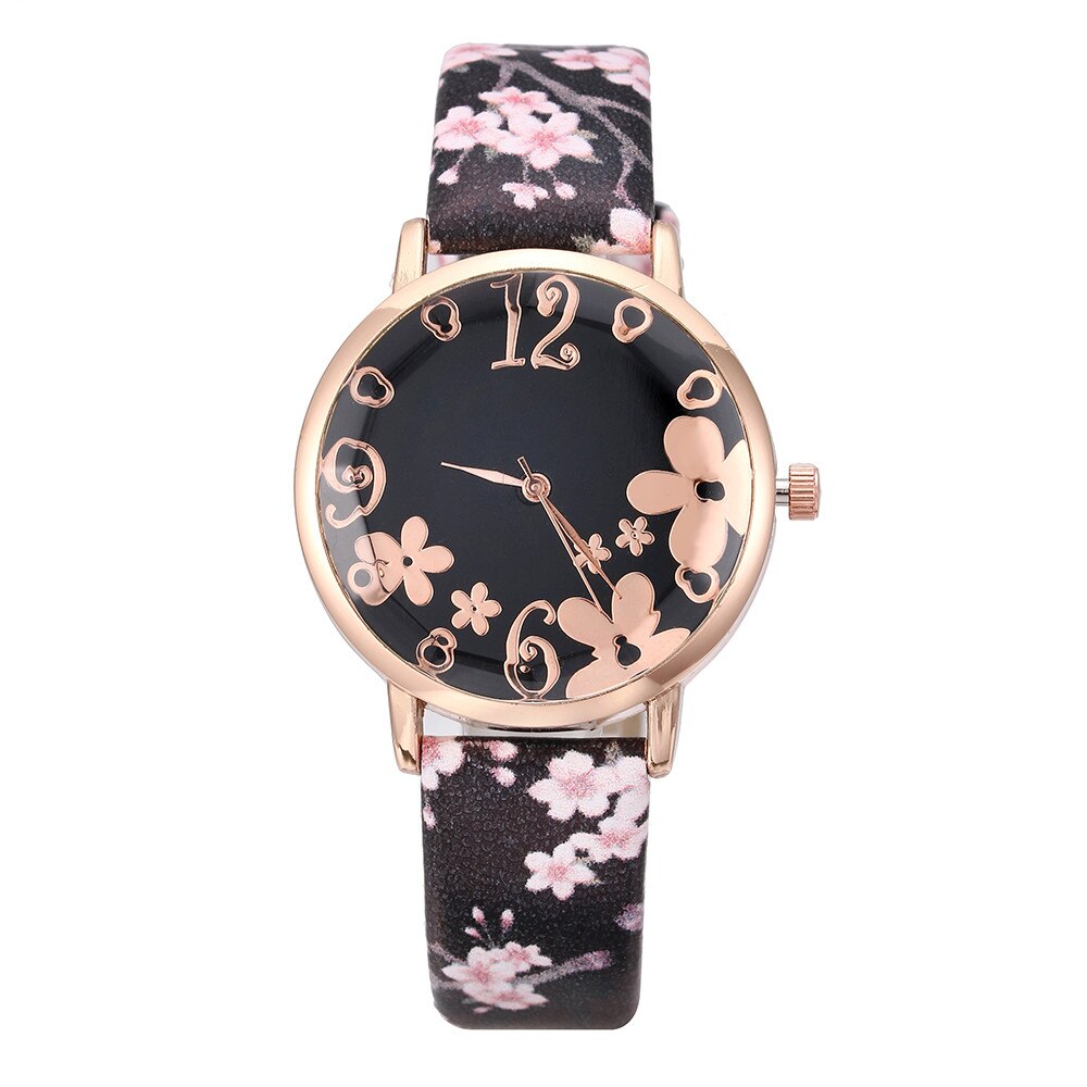 Vrouwen Mode Reliëf Bloemen Kleine Verse Gedrukt Riem Student Quartz Horloge Montre Femme Reloj Mujer: Black