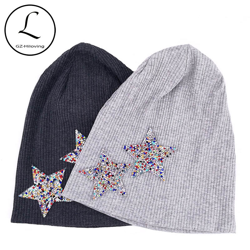 Gzhilovingl färgglada strass stjärnmössor hattar för kvinna dam höst vinter bomull ribbad slouch skullies hattar