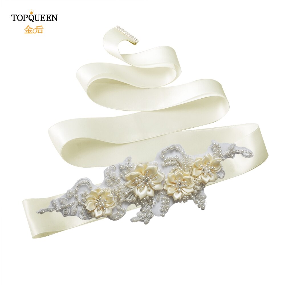 TOPQUEEN-cinturones de abalorios hechos a mano para novias, cinturón embellecedor de noche, cinturones de lujo, accesorios para vestidos de boda, S346: off white ribbon