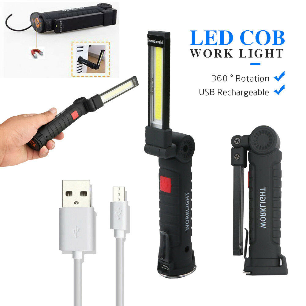 Rechargeable COB LED Slim Work Light Lamp Flashlight Inspect Fold Torch built-in 18650 battery