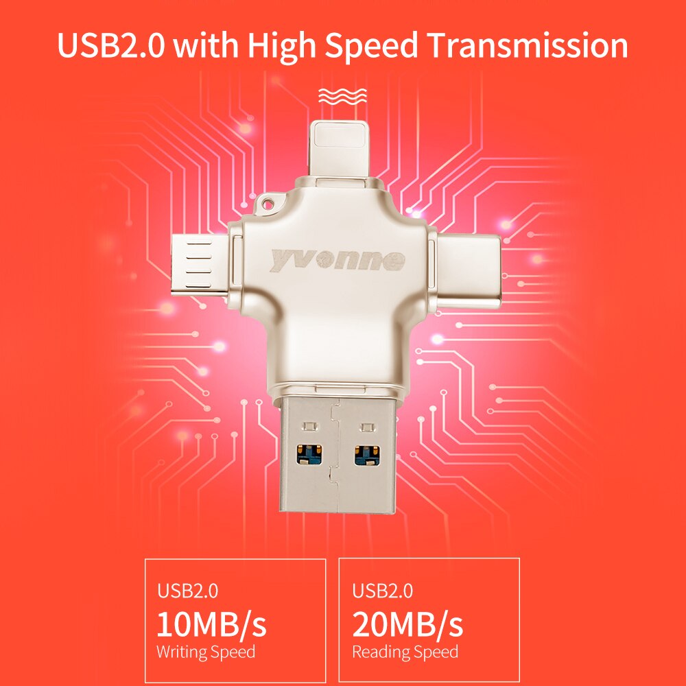 yvonne Y23 USB2.0 U Disk 32GB 16GB USB Lightnning Micro USB Type-C Four-In-One High Speed OTG U Disk for Phone/PC/Laptop