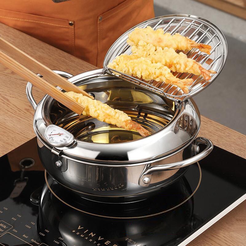 1 pz in acciaio inox coppa dell'olio termometro per uso domestico con coperchio Tempura friggitrice ad olio piccola padella per patatine fritte a risparmio energetico