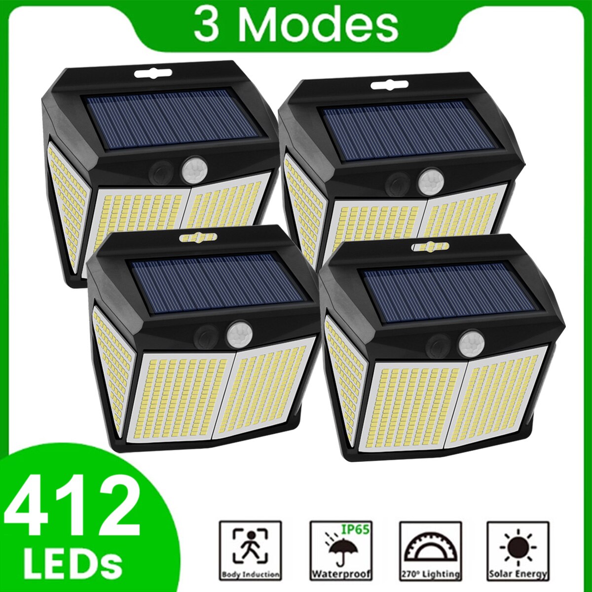 Luces solares 412 LED impermeables alimentadas por luz Solar, lámpara de pared de calle con 3 modos y Sensor de movimiento para decoración de Patio y jardín al aire libre