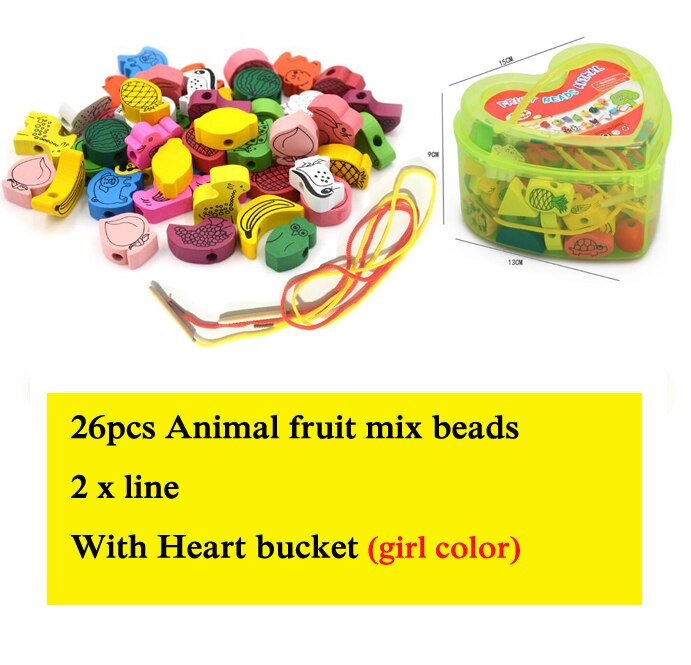 26 stk / parti trælegetøj tegneserie dyr frugtperler snor trådning perler spil uddannelse legetøj til baby børn børn wyq