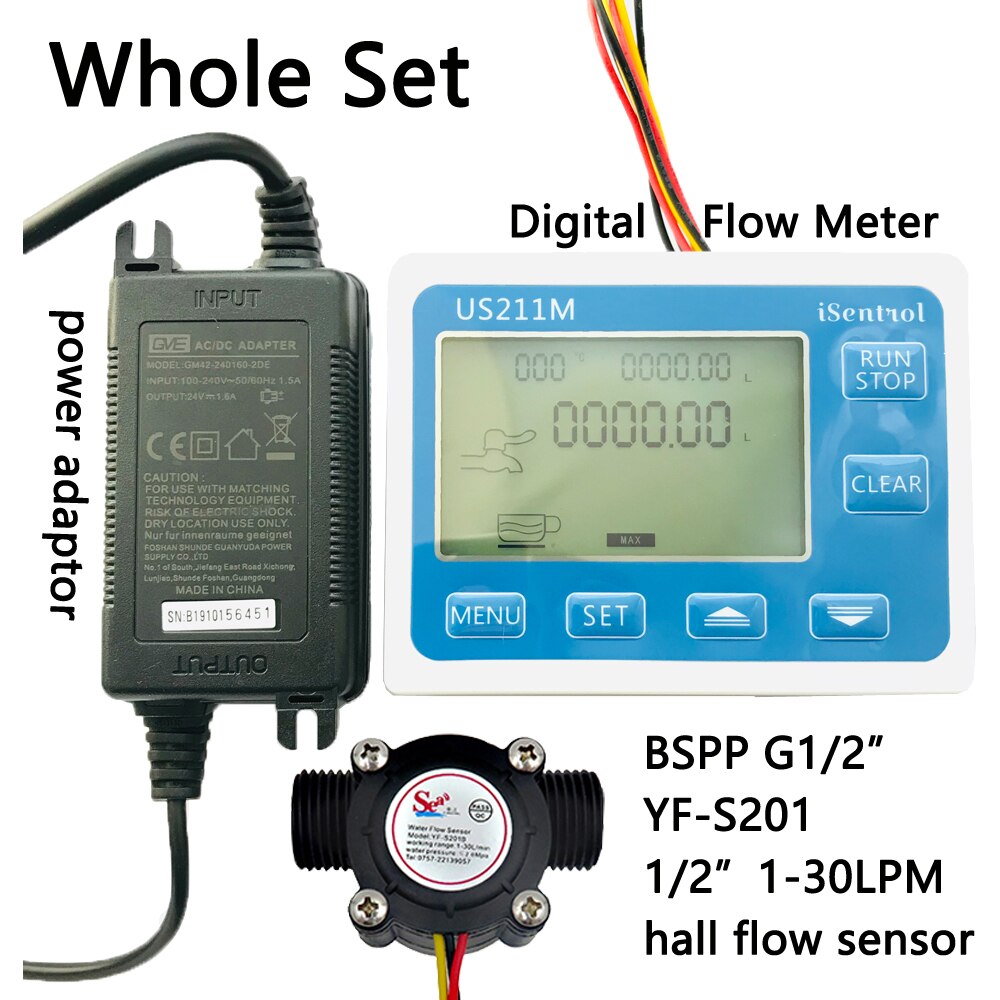 US211M Digital Flow Meter Totalizer Flow Measurement with YF-S201 Nylon Water Flow Sensor G1/2" Turbine Flowmeter iSentrol: whole set