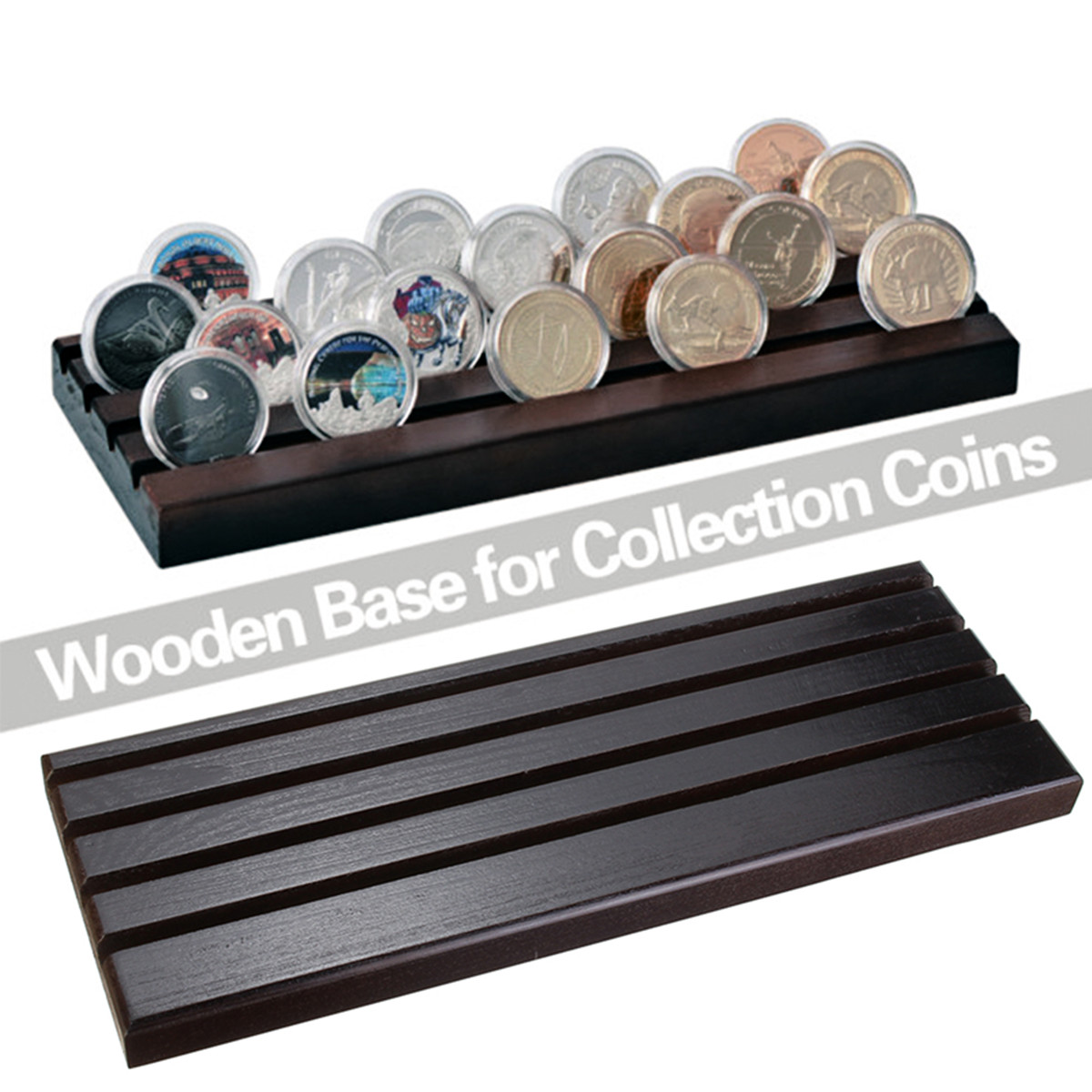 4-Row Coin Display Stand Rack Coin Storage Box Solid Wood Box Home Storage Case Commemorative Coin Collection Box