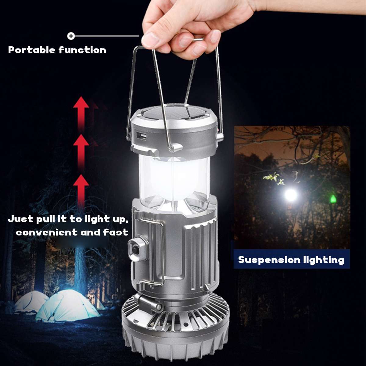 2 in 1 draagbare led-kampeerlantaarn, zaklamp, plafondventilator voor buiten, wandelen, vissen, stroomuitval en noodgevallen in de tent