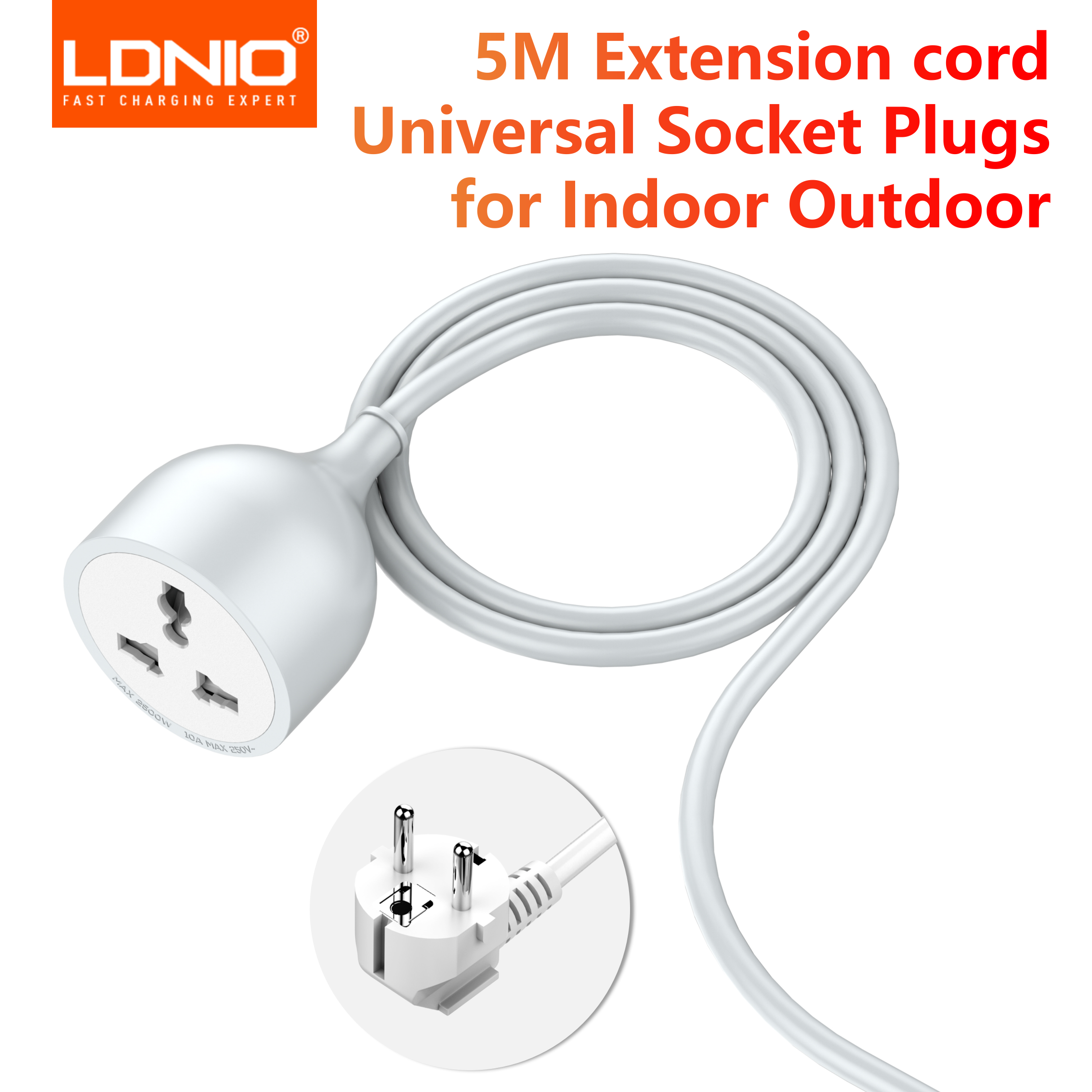 LDNIO Power Strip Extension Cord 5M Cable Universal Socket Plugs 2500W Electrical Socket Indoor Outdoor Plug Sockets Engineering: WHITE