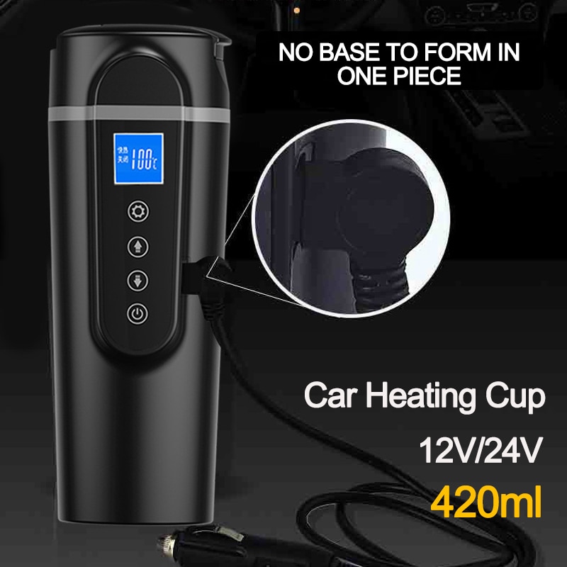 Tasse chauffante Portable en acier inoxydable pour voiture, 420ml, 12V/24V, avec écran LCD, pour eau et café, lait, thé