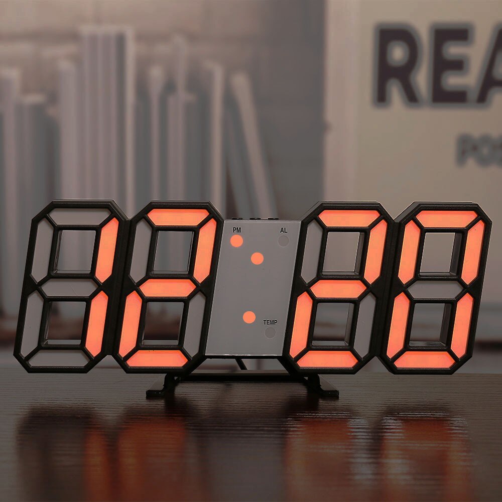 3D LED Digital Alarm Clock Three-dimensional Wall Clock Hanging Watch Table Calendar Thermometer Electronic Clock Furnishings: Black and orange