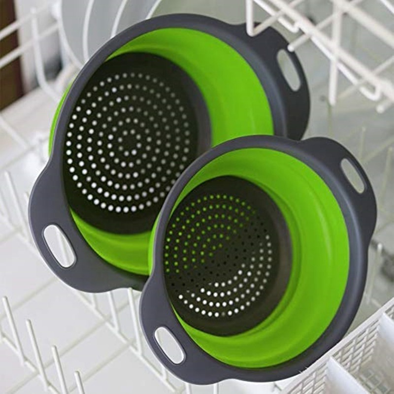 Juego de coladores plegables de silicona de grado alimenticio, colador de cesta de lavado de frutas y verduras, escurridor plegable de cocina, 2 uds.: Verde