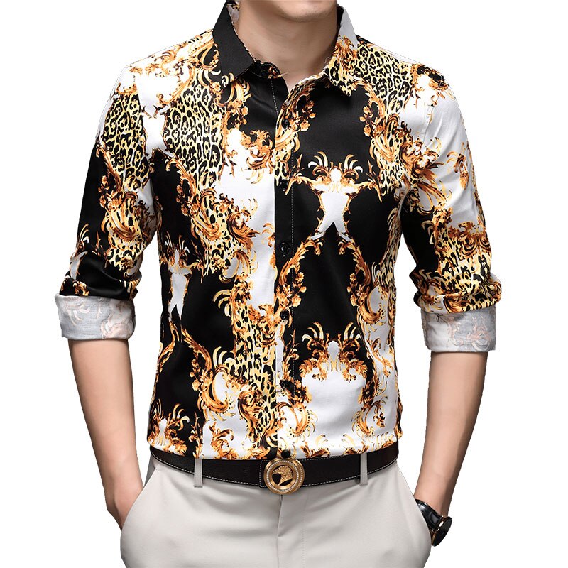 Luxury Vintage Leopard Pattern Shirt Men Slim Fit Big Size Long Sleeve Clothing Chemise Party Prom Stagewear Shirt Men: Asian L