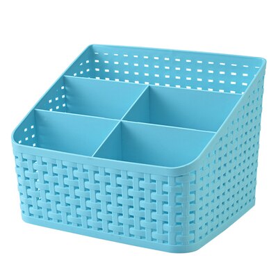 Office Stationery Holder, Four Compartment Plastic Rattan Plaited Desk Organizer Storage Holder for Office Desk: blue large