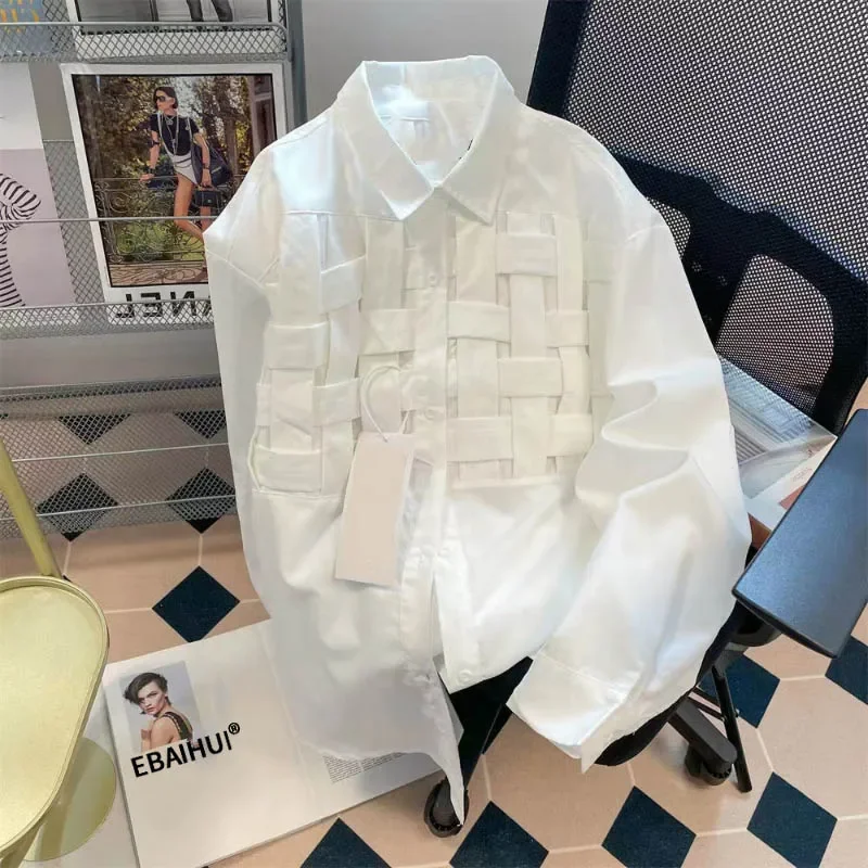 EBAIHUI, camisas lisas con agujeros para mujer, solapa, manga larga, cintura suelta, blusa de retales a la , camisa informal de poliéster para mujer 2024