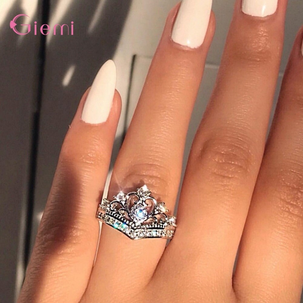 Original 925 Sterling Silver Luxury Princess Crown CZ Crystal Finger Ring For Women Girl Bridal Wedding Statement Jewelry