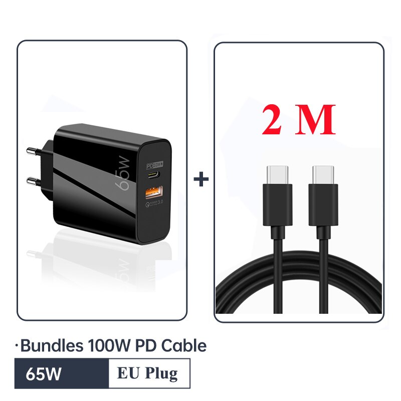 65w- gan usb-c-wandladegerät  pd 33w 4.0 für iphone 13 pro max , 12 12 3.0 macbook air, samsung galaxy und ipad pro: Und 2m kabel eublack