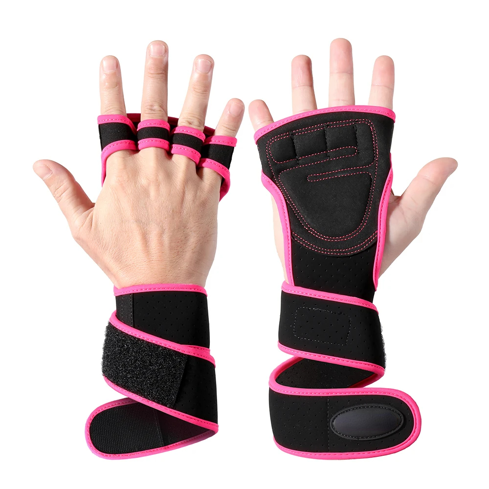 Luvas de treinamento de levantamento de peso para homens mulheres fitness esportes construção do corpo ginástica ginásio exercício mão pulso palma protetor luva: Rosa / 9 polegadas