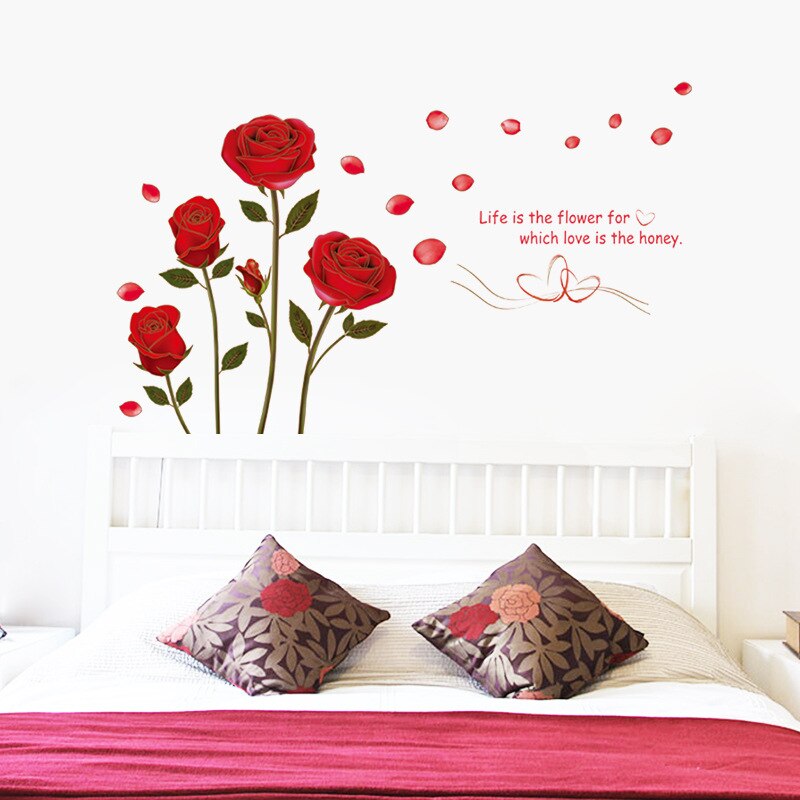 Autocollant Mural romantique rose rouge, pour chambre à coucher, salon, arrière-plan de canapé, décoration de la maison, stickers artistiques muraux à fleurs