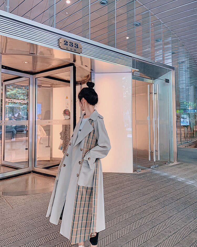 Women's Trench Coat Personality Patchwork Mosaic Lattice Windbreaker Female Autumn Trench Coats XL