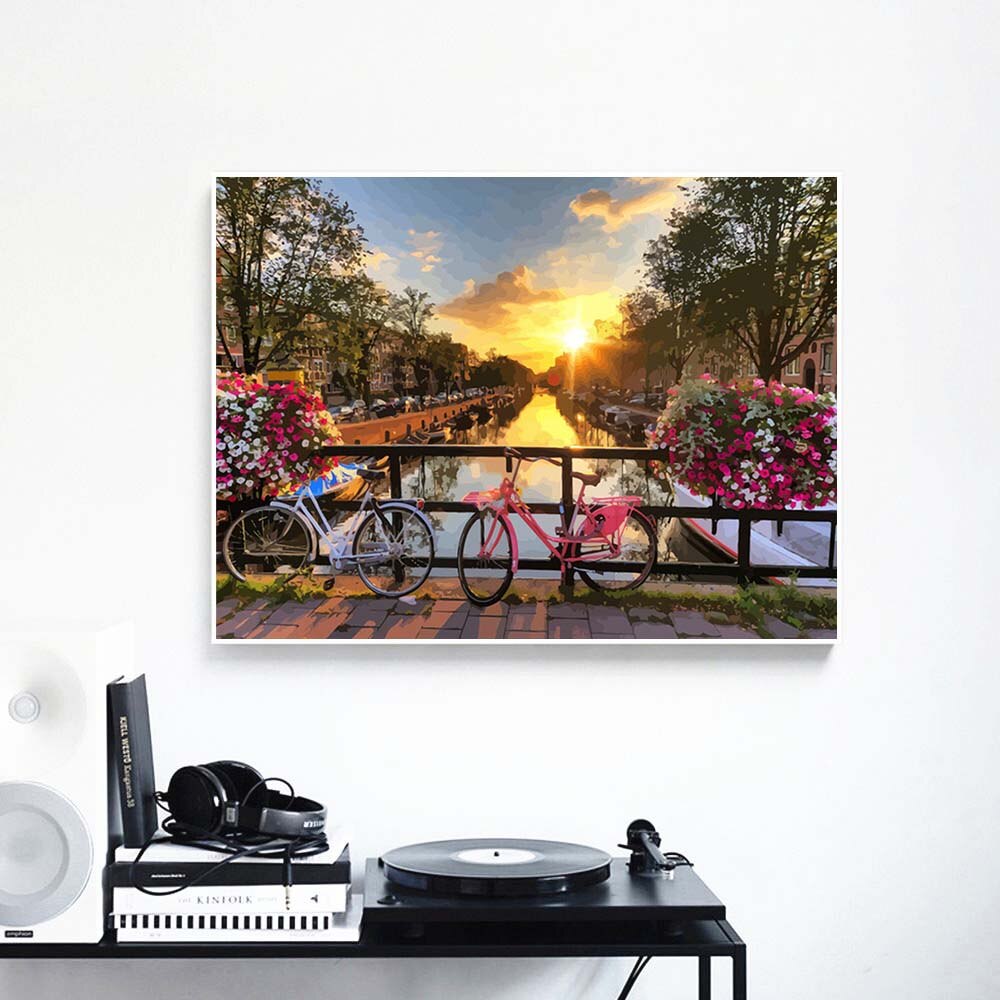 HUACAN, DIY, pintura al óleo por números, Kits de atardecer, dibujo de paisajes, cuadros pintados a mano, bicicleta, paisaje, decoración del hogar