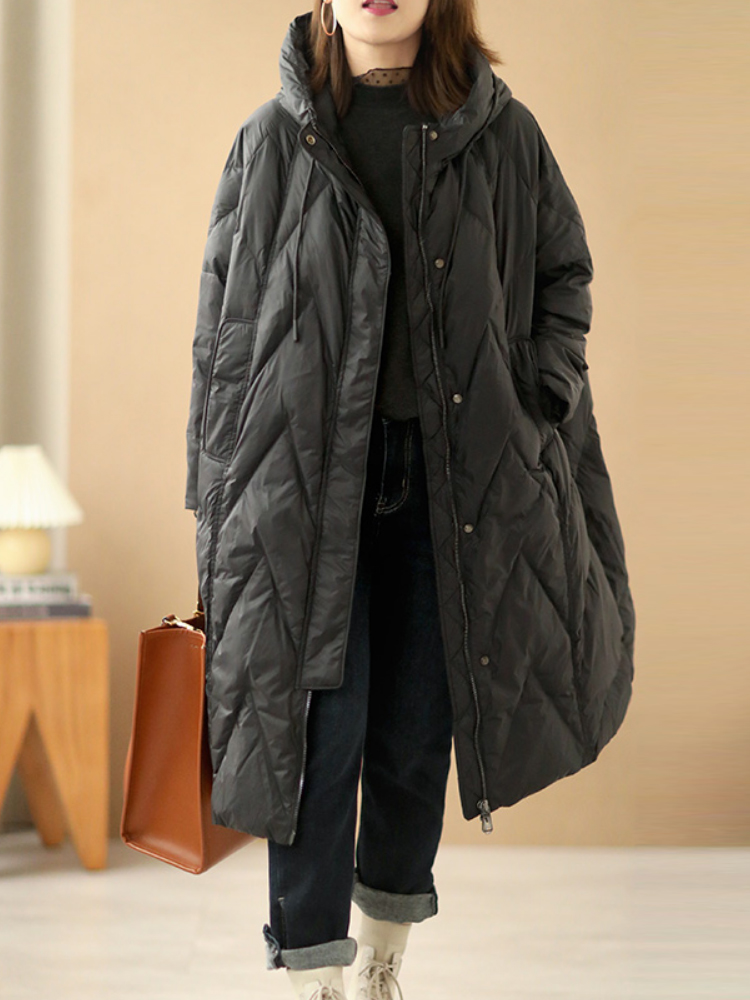 Janveny Women Loose Long Coat 90% White Duck Down Jacket Women Winter Female Overcoat Winter Hooded Puffer Feather Parkas: XL / black