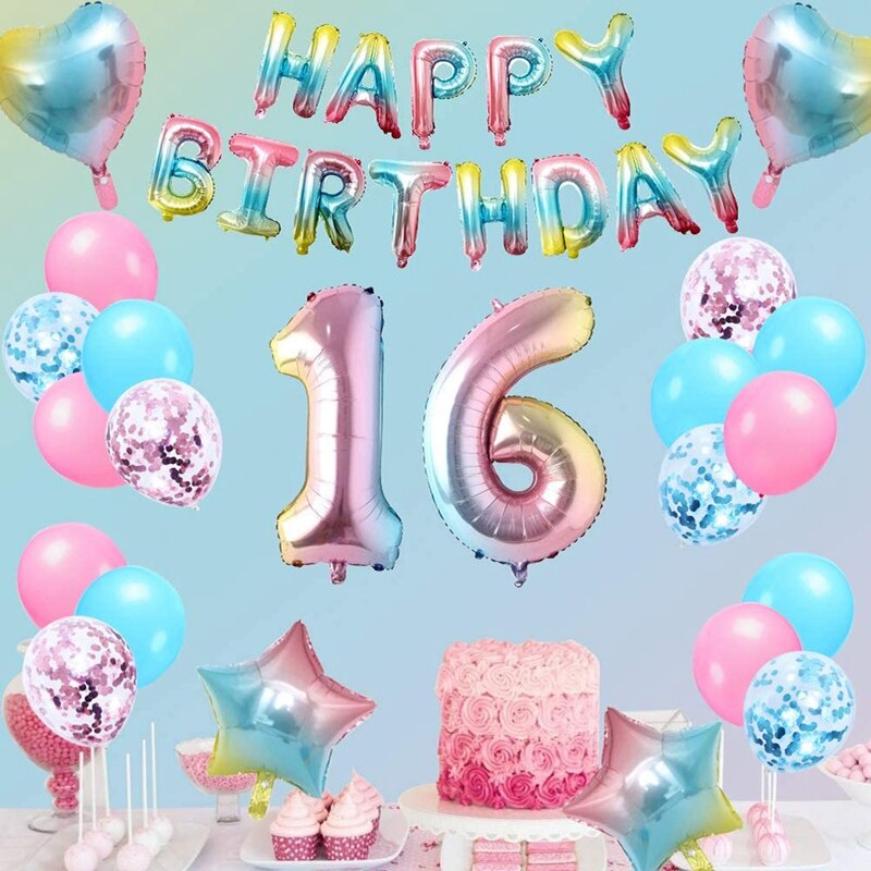 Rainbow 16Th Birthday Decor Happy Birthday Banner Star & Heart Aluminium Foil Balloon for Girls and Women Birthday Party